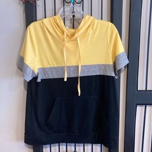 Yellow, grey and black hoodie t-shirt. Women’s size large.